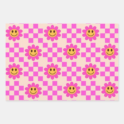 Geruit Hot Pink Lachende Bloemen met vierkanten Inpakpapier Vel (Voorkant)