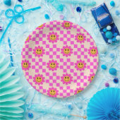 Geruit Hot Pink Lachende Bloemen met vierkanten Papieren Bordje (Feest)