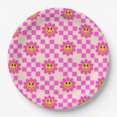 Geruit Hot Pink Lachende Bloemen met vierkanten Papieren Bordje (Voorkant)