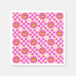 Geruit Hot Pink Lachende Bloemen met vierkanten Servet