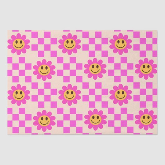 Geruit Hot Pink Lachende Bloemen met vierkanten Tissuepapier (Voorkant)