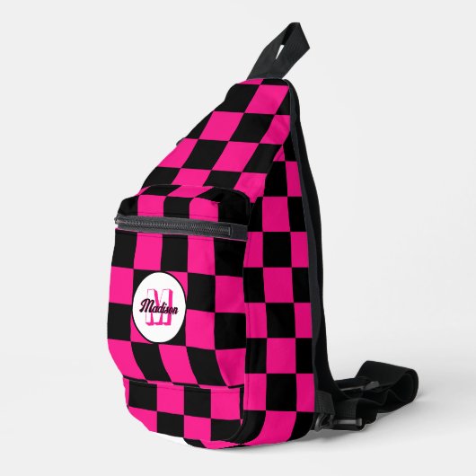 Geruit Hot pink Zwart geometrische retro Monogram Sling Bag (Rechterhoek)