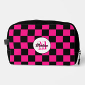 Geruit Hot pink Zwart geometrische retro Monogram Toilettasje (Voorkant)