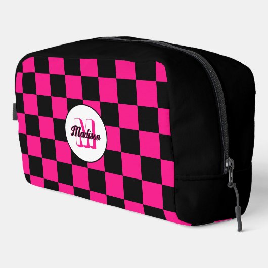 Geruit Hot pink Zwart geometrische retro Monogram Toilettasje (Rechterhoek)