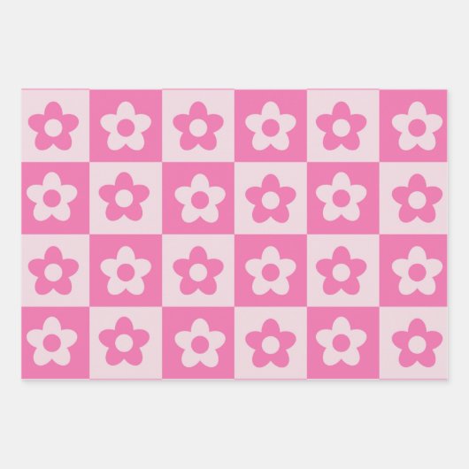 Geruit Hot Roze en Witte Retro Bloemen Patroon Inpakpapier Vel (Voorkant 2)