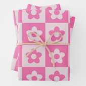 Geruit Hot Roze en Witte Retro Bloemen Patroon Inpakpapier Vel (In situ)