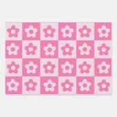 Geruit Hot Roze en Witte Retro Bloemen Patroon Inpakpapier Vel (Voorkant)