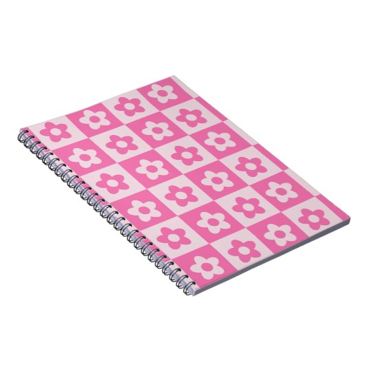 Geruit Hot Roze en Witte Retro Bloemen Patroon Notitieboek (Rechterzijde)