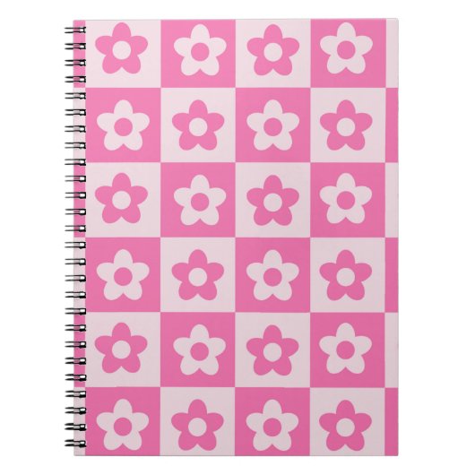 Geruit Hot Roze en Witte Retro Bloemen Patroon Notitieboek (Voorkant)