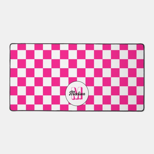 Geruit Hot roze wit geometrische retro Monogram Bureaumat (Voorkant)