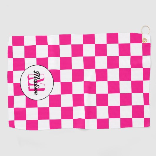 Geruit Hot roze wit geometrische retro Monogram Golfhanddoek (Horizontaal)