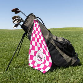 Geruit Hot roze wit geometrische retro Monogram Golfhanddoek