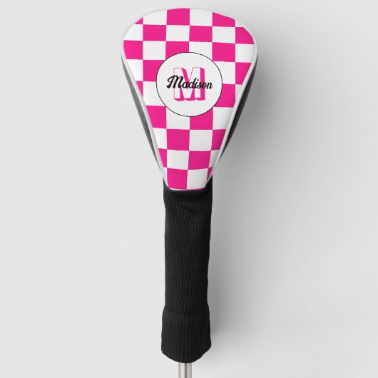 Geruit Hot roze wit geometrische retro Monogram Golfheadcover (Voorkant)