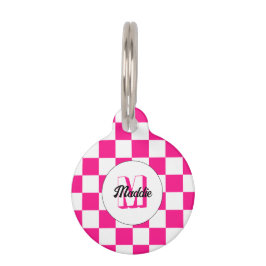 Geruit Hot roze wit geometrische retro Monogram Huisdierpenning