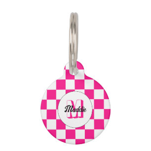 Geruit Hot roze wit geometrische retro Monogram Huisdierpenning