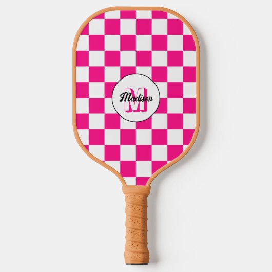 Geruit Hot roze wit geometrische retro Monogram Pickleball Paddle (Voorkant)
