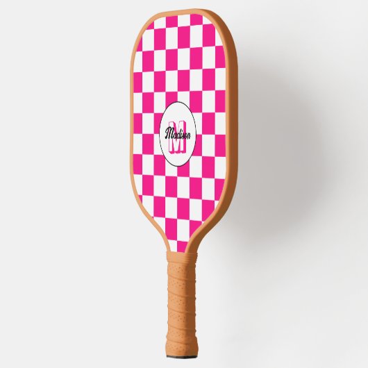 Geruit Hot roze wit geometrische retro Monogram Pickleball Paddle (Links)
