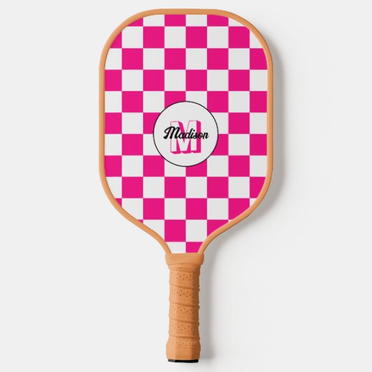 Geruit Hot roze wit geometrische retro Monogram Pickleball Paddle (Achterkant)