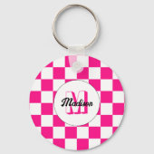 Geruit Hot roze wit geometrische retro Monogram Sleutelhanger (Voorkant)