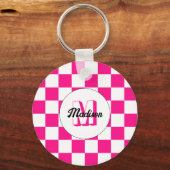 Geruit Hot roze wit geometrische retro Monogram Sleutelhanger (Achterkant)