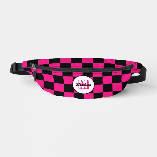 Geruit Hot roze zwart geometrische retro Monogram Heuptasje (Voorkant)