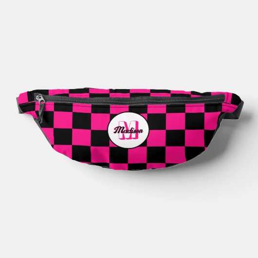 Geruit Hot roze zwart geometrische retro Monogram Heuptasje (Liggend)