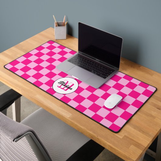 Geruit licht heet roze geometrische retro Monogram Bureaumat (Kantoor 2)