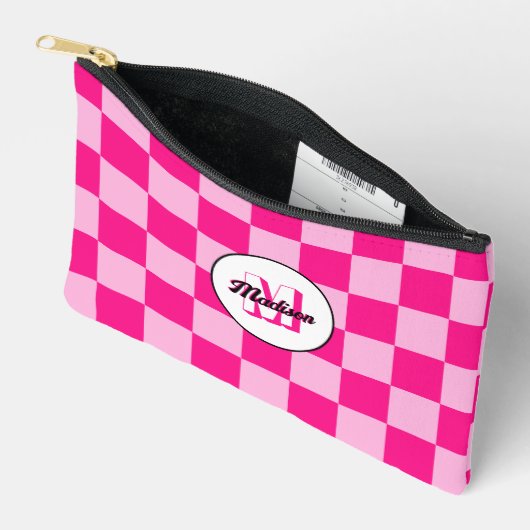 Geruit licht heet roze geometrische retro Monogram Etui (Open)