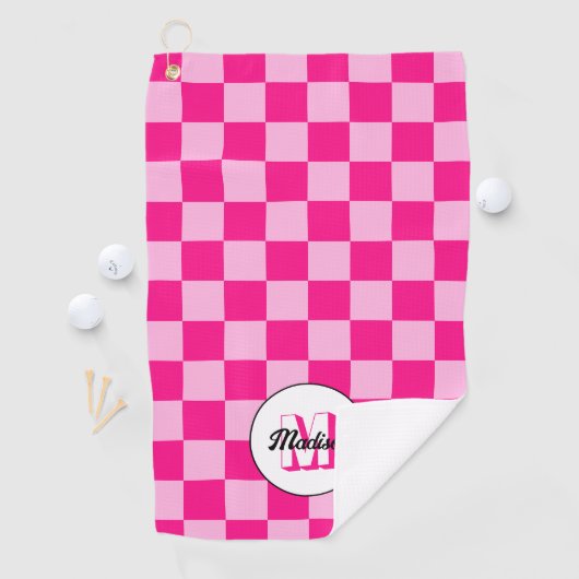 Geruit licht heet roze geometrische retro Monogram Golfhanddoek (Insitu)