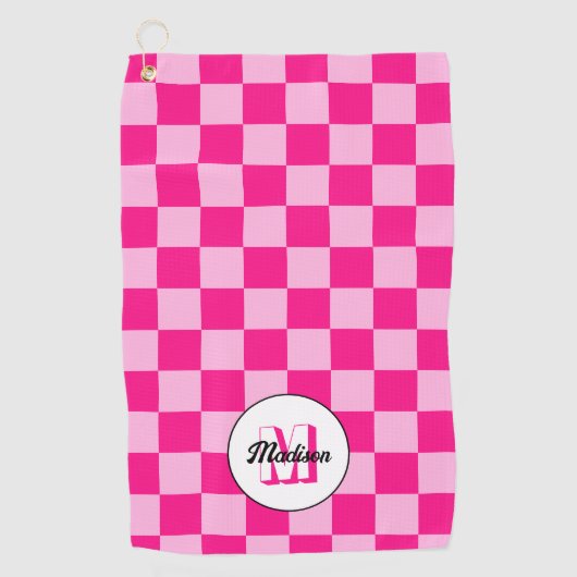 Geruit licht heet roze geometrische retro Monogram Golfhanddoek (Voorkant)