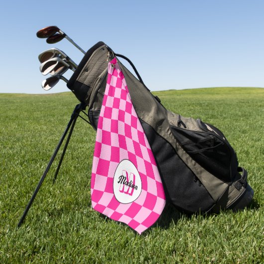 Geruit licht heet roze geometrische retro Monogram Golfhanddoek (Groen)