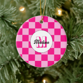 Geruit licht heet roze geometrische retro Monogram Keramisch Ornament