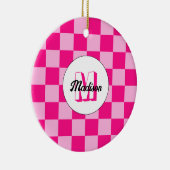 Geruit licht heet roze geometrische retro Monogram Keramisch Ornament (Rechts)
