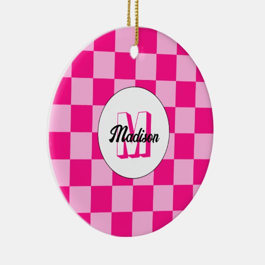 Geruit licht heet roze geometrische retro Monogram Keramisch Ornament (Rechts)