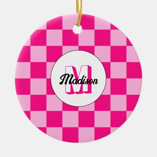 Geruit licht heet roze geometrische retro Monogram Keramisch Ornament (Voorkant)
