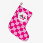Geruit licht heet roze geometrische retro Monogram Kleine Kerstsok (Voorkant (Hangend))