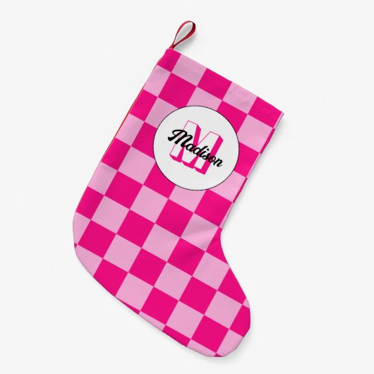 Geruit licht heet roze geometrische retro Monogram Kleine Kerstsok (Voorkant (Hangend))