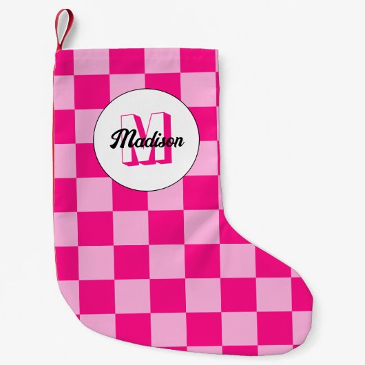 Geruit licht heet roze geometrische retro Monogram Kleine Kerstsok (Voorkant)