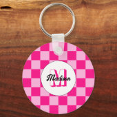 Geruit licht heet roze geometrische retro Monogram Sleutelhanger (Achterkant)