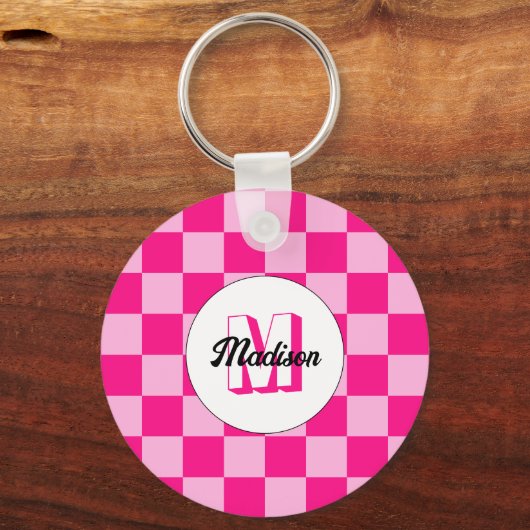 Geruit licht heet roze geometrische retro Monogram Sleutelhanger (Achterkant)