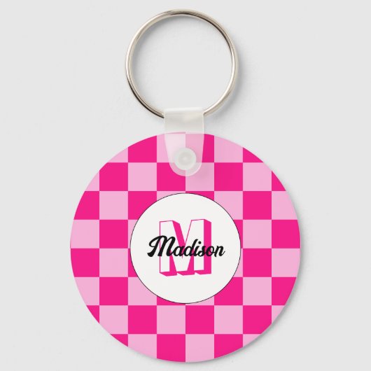 Geruit licht heet roze geometrische retro Monogram Sleutelhanger (Achterkant)