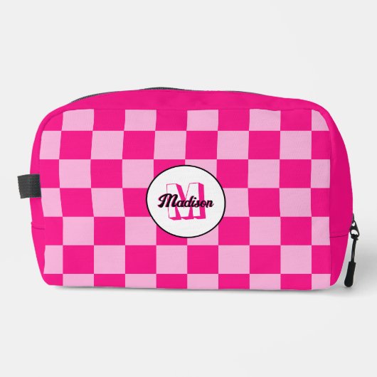 Geruit licht heet roze geometrische retro Monogram Toilettasje (Voorkant)