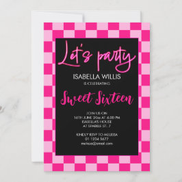 Geruit licht heet roze retro Lets party Sweet 16 Kaart