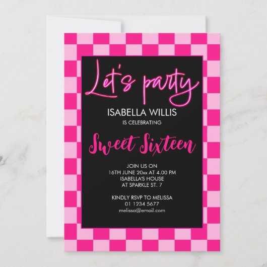 Geruit licht heet roze retro Lets party Sweet 16 Kaart (Voorkant)