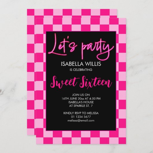 Geruit licht heet roze retro Lets party Sweet 16 Kaart (Voorkant / Achterkant)