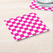 Geruit Neon Roze en Wit Kartonnen Onderzetters (Schuin)