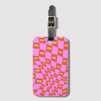 geruit neon roze sinaasappel geel modern retro bagagelabel
