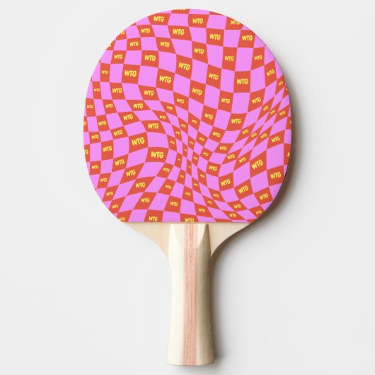 geruit neon roze sinaasappel geel modern retro tafeltennisbatje (Voorkant)