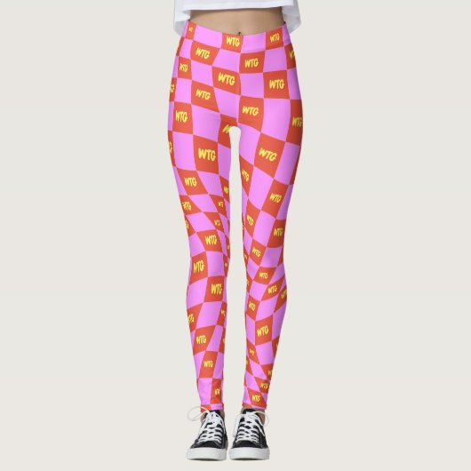 geruit neon roze sinaasappel geel monogram leggings (Voorkant)