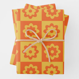 Geruit Oranje en Geel Retro Bloemenpatroon Inpakpapier Vel